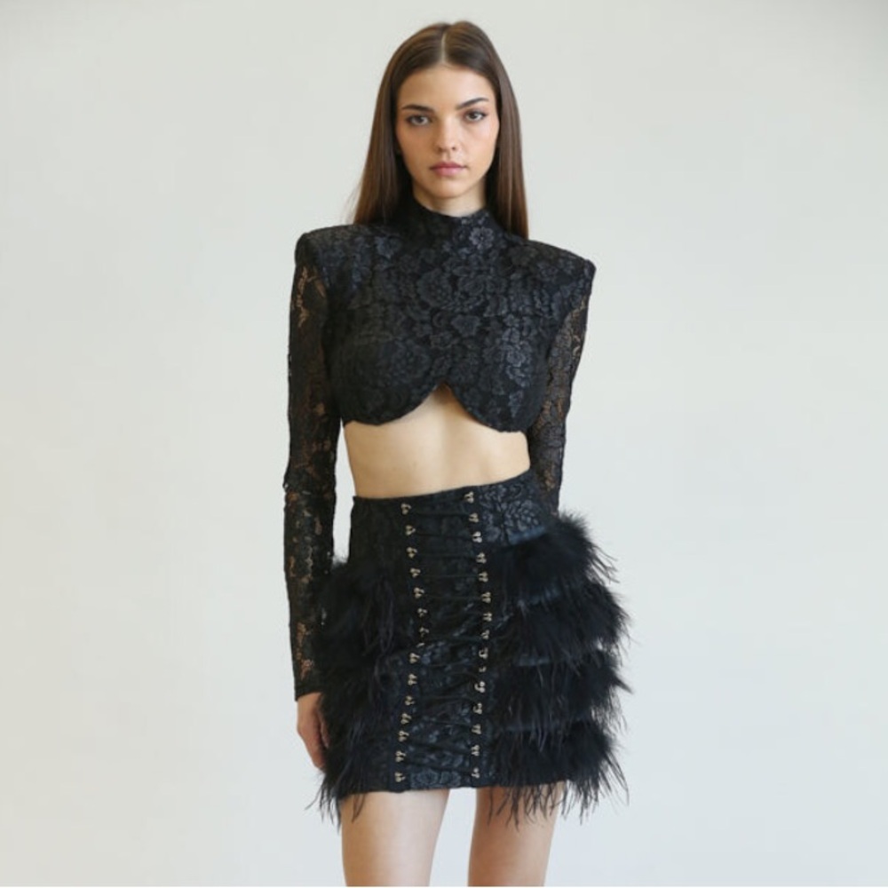 Elegant Black Lace and Feather Dress - Picture 4 of 9